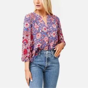 EUC ba&sh Vlad Shirt in Blue Red Floral Multi Boho Button Front Blouse Medium
